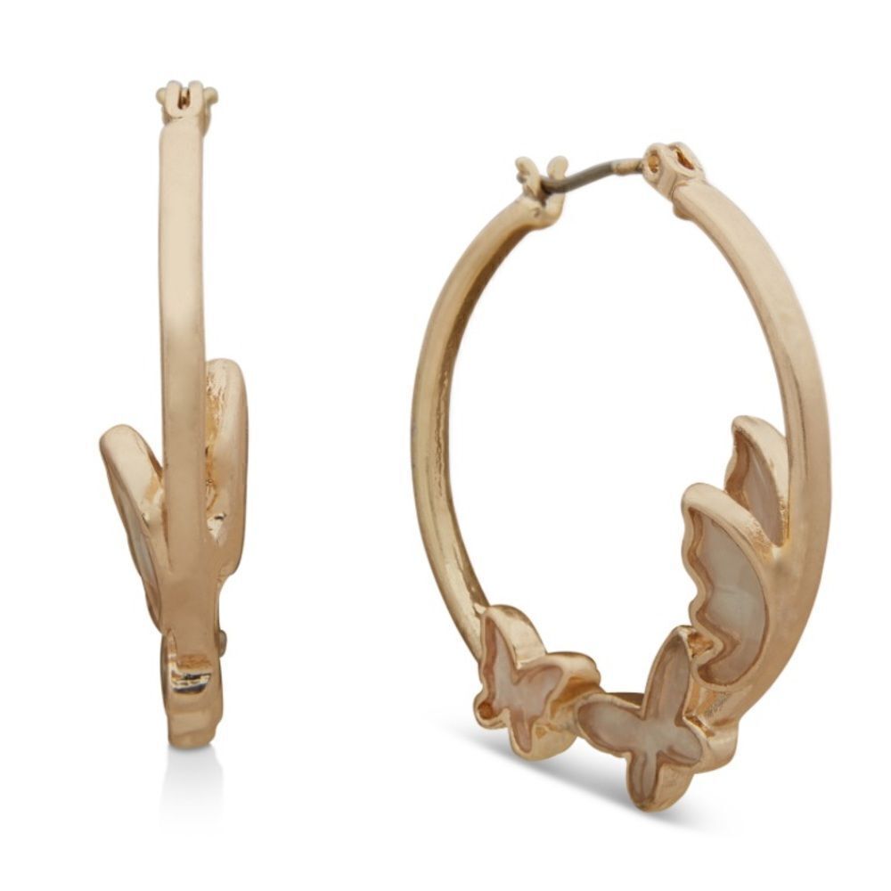 NWT Lonna & Lilly Gold-Tone Enamel Butterfly Medium Hoop Earrings, 1.2"